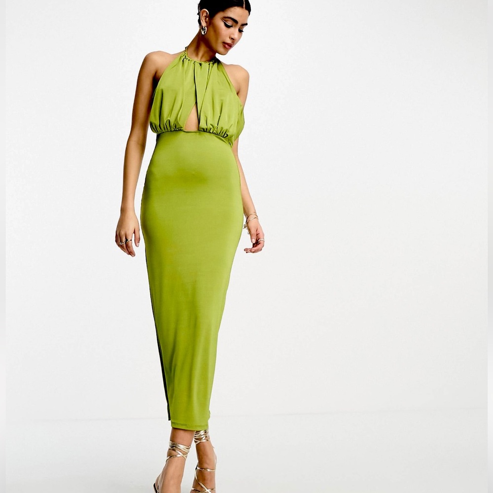 ASOS Green Halter Slinky Midi Dress Women’s Size 4 Small Cutout